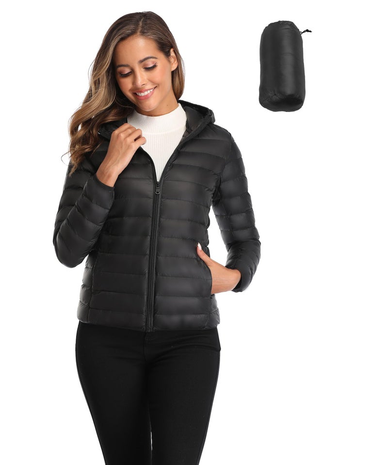 Valennia Women's Short Down Coat Packable Puffer Jacket With Hooded Winter Ultra Light Outerwear Black S - Image 1